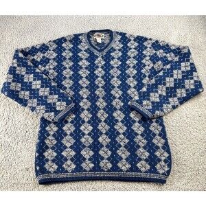 Pure & Simple Lambswool Sweater Mens Large Blue Diamond Argyle Gray Wool